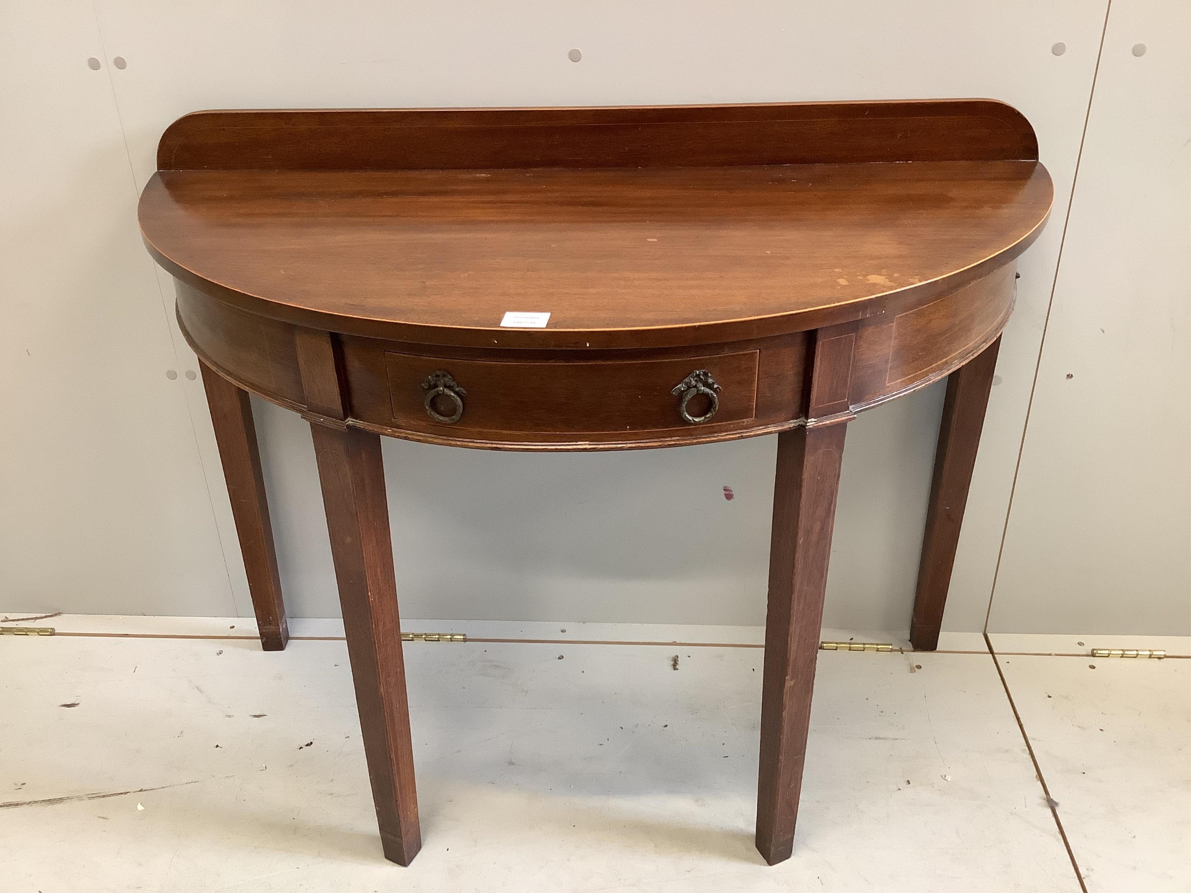 A George III mahogany 'D shaped side table, width 111cm, depth 51cm, height 83cm. Condition - fair